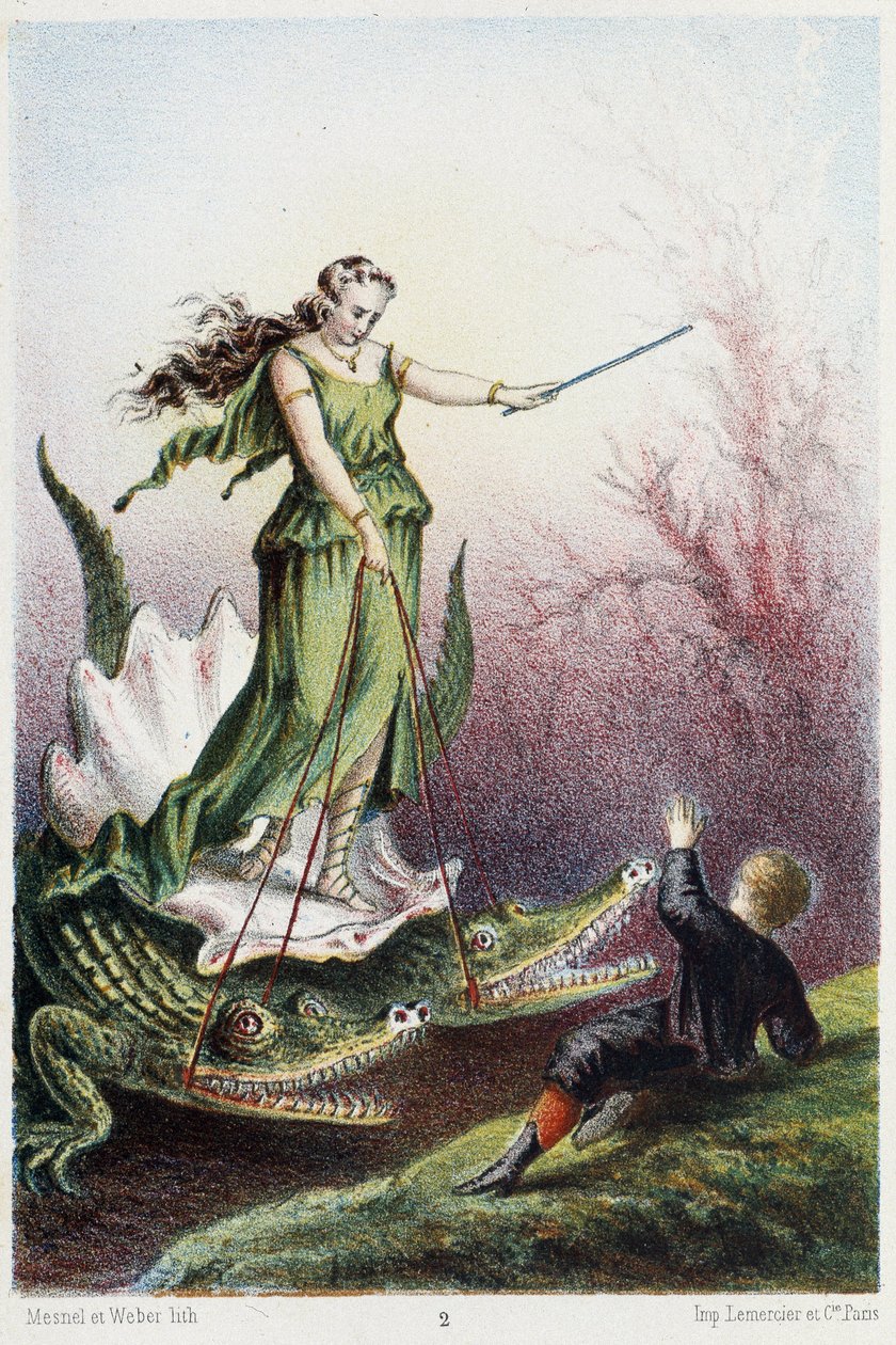 Un ragazzo davanti a una donna su un carro trainato da due coccodrilli - in "Viaggio al centro del mare" di H. de la Blanchère. Parigi, ed. Jouvet et Cie, sd. 1880 da French School
