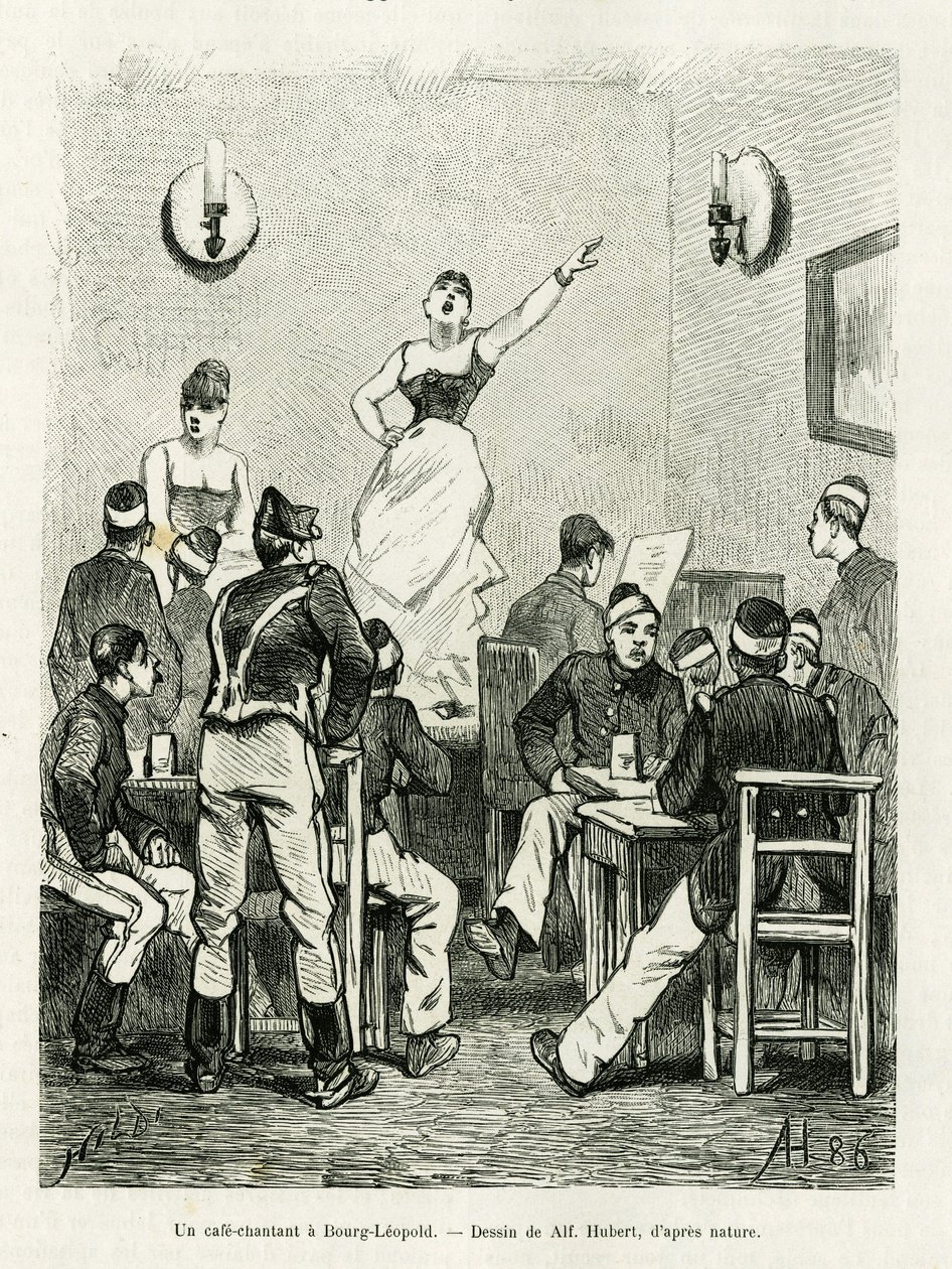 Un caffè cantante a Bourg Leopold. Incisione di A.Hubert per illustrare la storia La Belgique, di Camille Lemonnier, in le tour du monde 1886, diretto da Edouard Charton, Hachette, Parigi. da French School