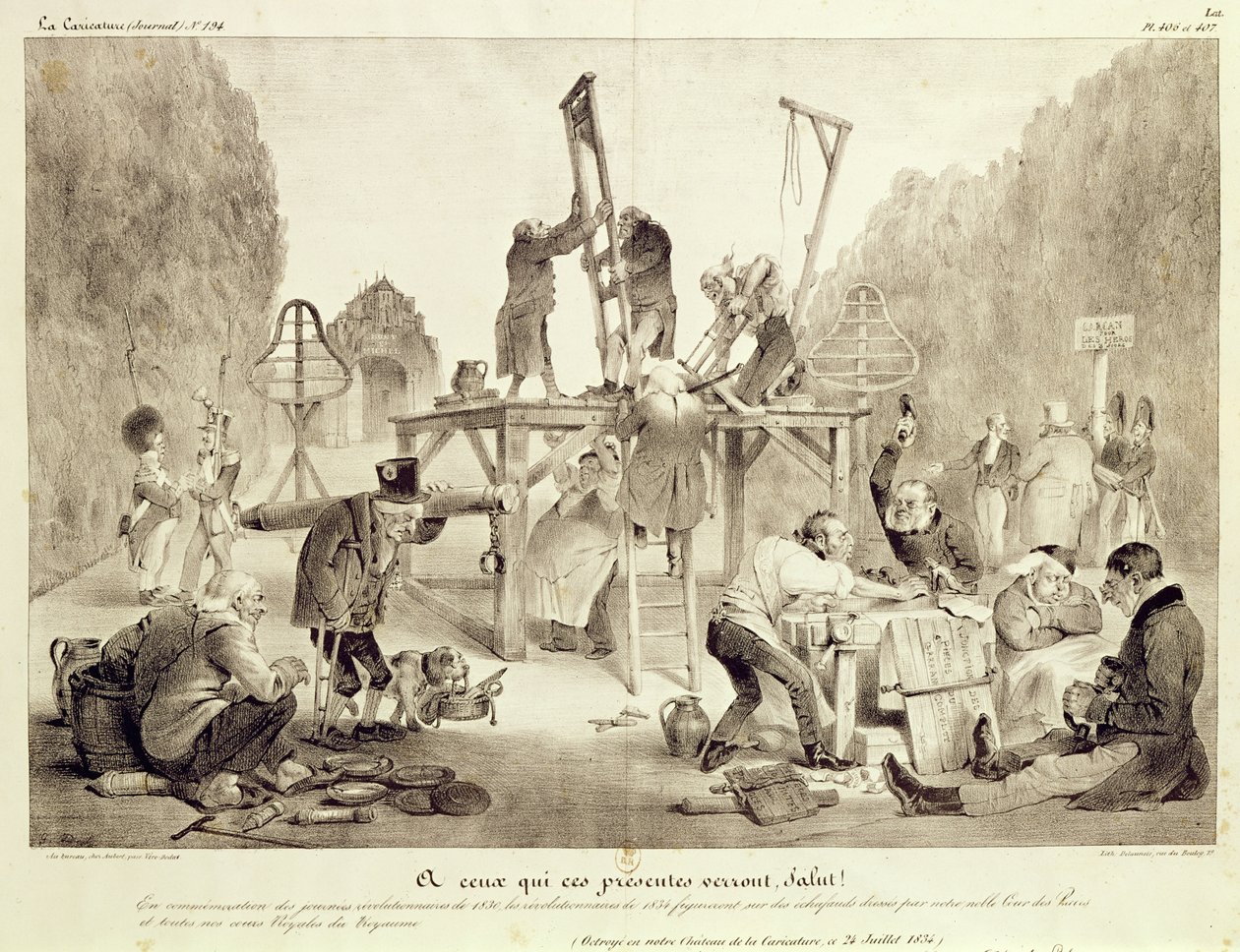 A ceux qui ses presentes verront, salut!, tavole 406 e 407, no.194, La Caricature, stampato da Delaunois da French School