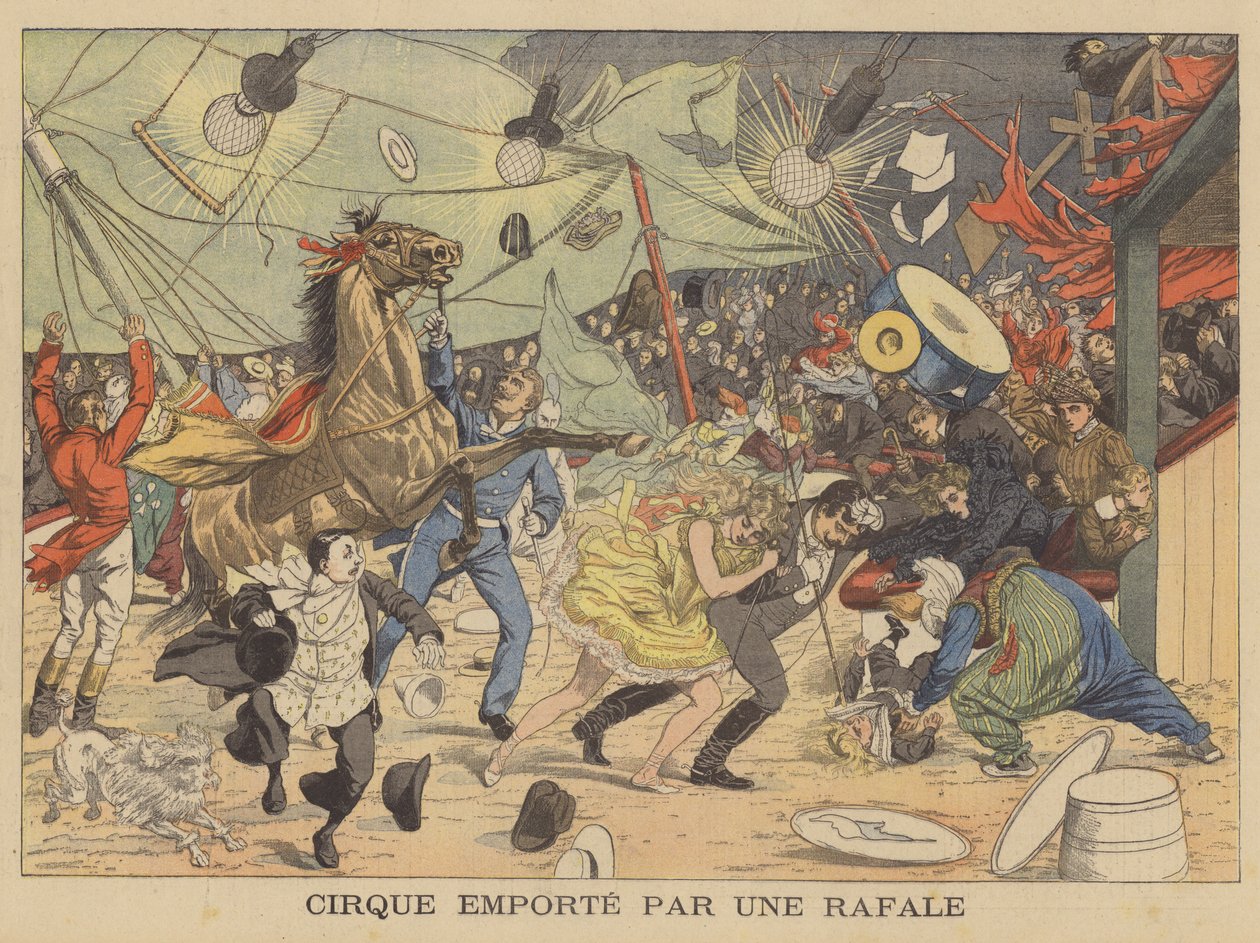 Un tendone da circo portato via da una folata di vento (litografia a colori) da French School