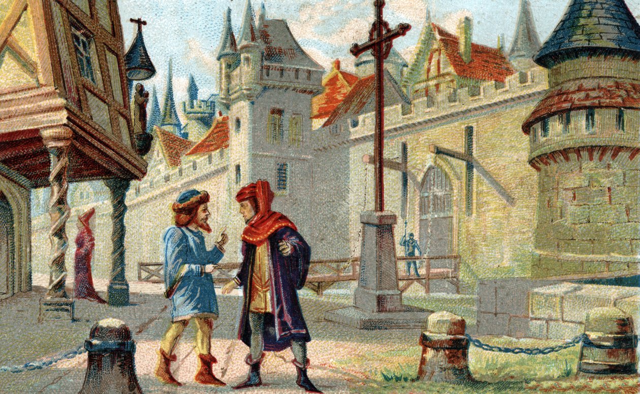 Una città nel Medioevo. Cromolitografia della fine del XIX secolo. da French School