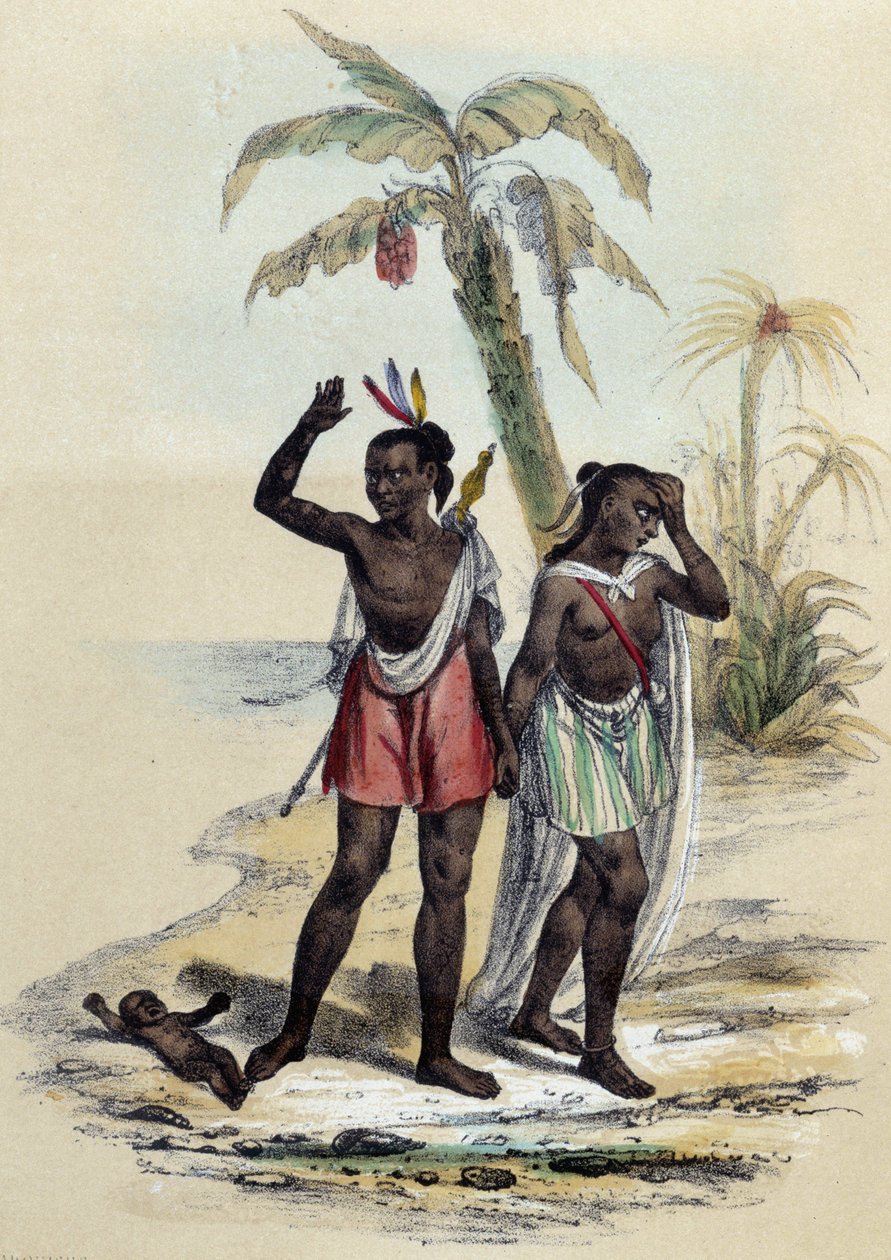 Una coppia e un bambino su una spiaggia; illustrazione per le Marchesi, - in 