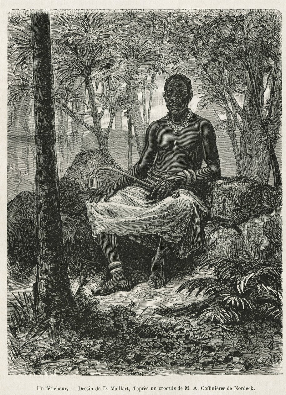 Un feticista, stregone capace di usare la forza magica dei feticci, disegno di D. Maillart, per illustrare la storia di un viaggio in Gabon e sul fiume Ogoué, nel 1875-1877, di Alfred Marche. Incisione in Le tour du monde da French School