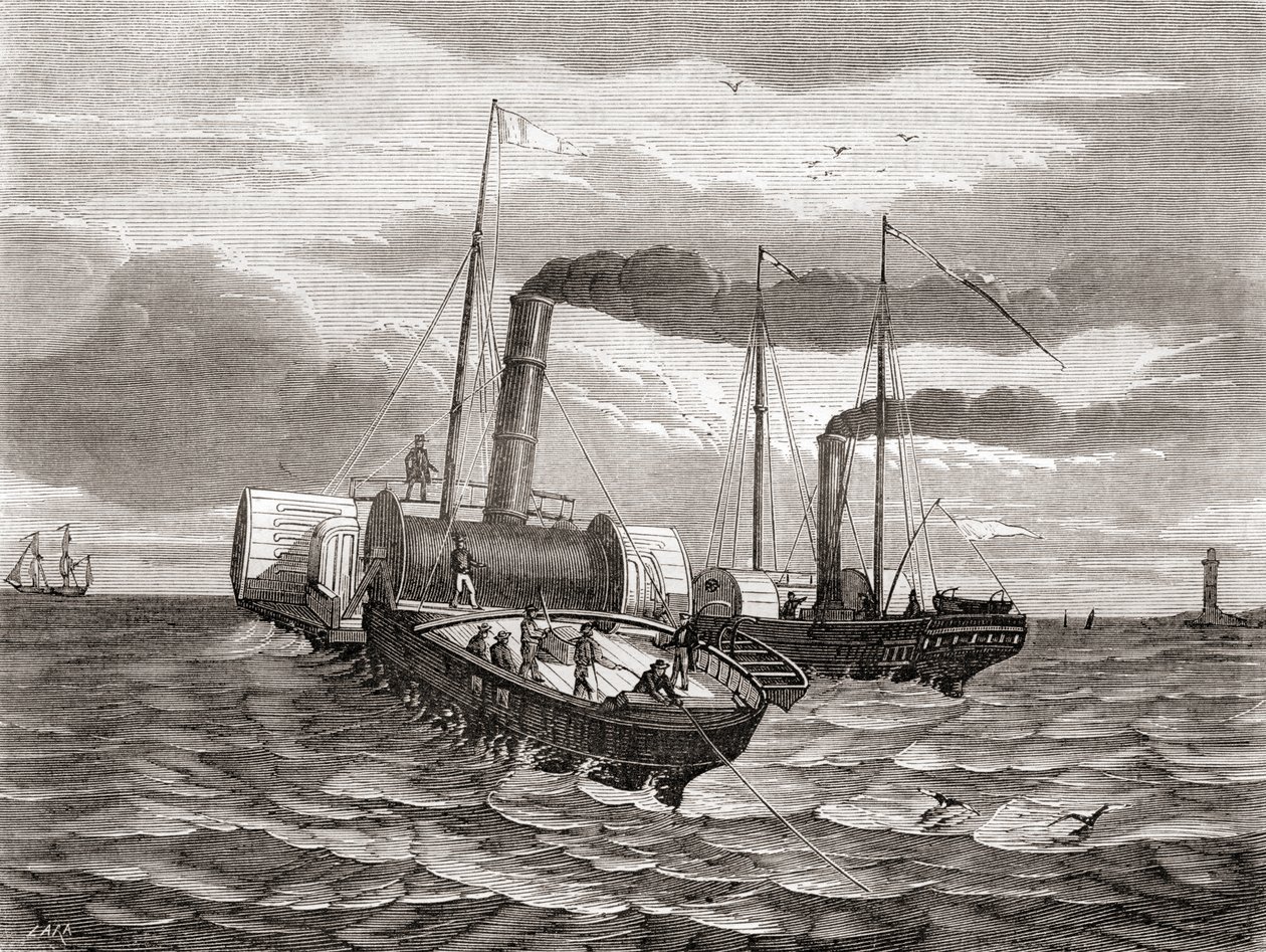 Un primo tentativo nel 1850 da parte della Anglo-French Telegraph Company di John Watkins Brett di posare la prima linea sotto il Canale della Manica, da Dover a Calais, utilizzando i rimorchiatori convertiti Goliath e Widgeon, da 