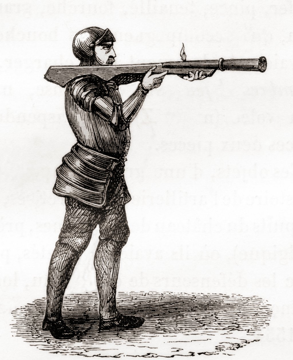 Un soldato di fanteria che usa una bombarda portatile, fine XIV e XV secolo, da un disegno del XIX secolo, da Les Merveilles de la Science, pubblicato c.1870 da French School