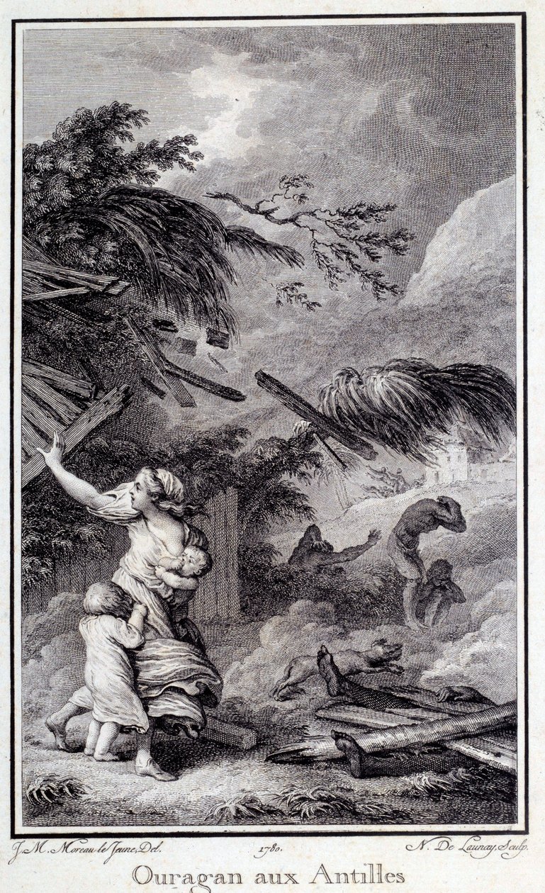 Un uragano nelle Indie Occidentali. Incisione del 1780 da French School