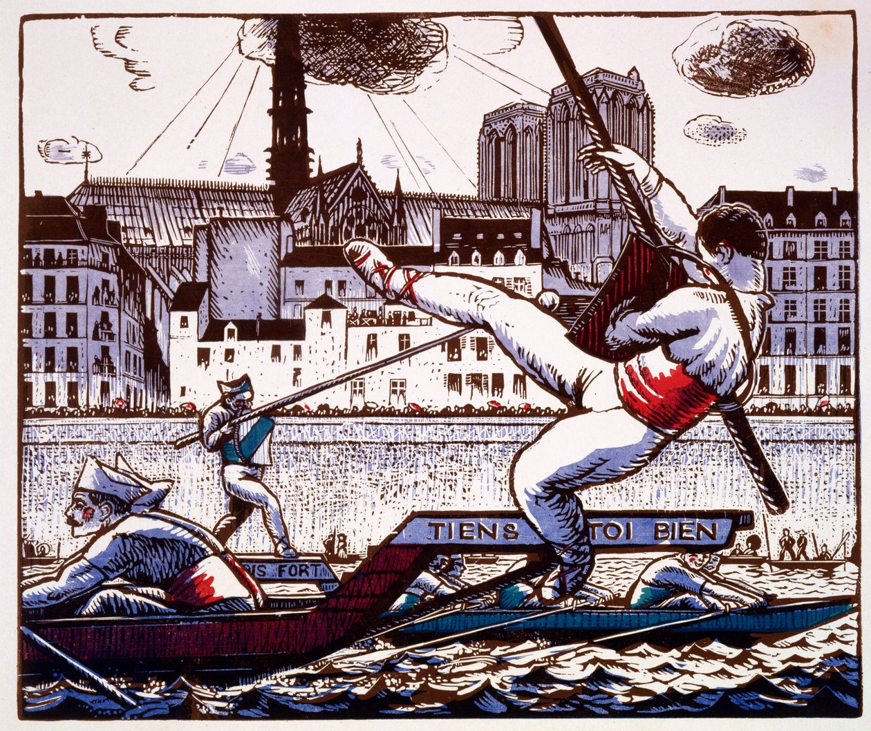Una gara di giostre a un festival fluviale sulla Senna, Parigi, c.1890-1920 (stampa a blocchi di legno a colori) da French School