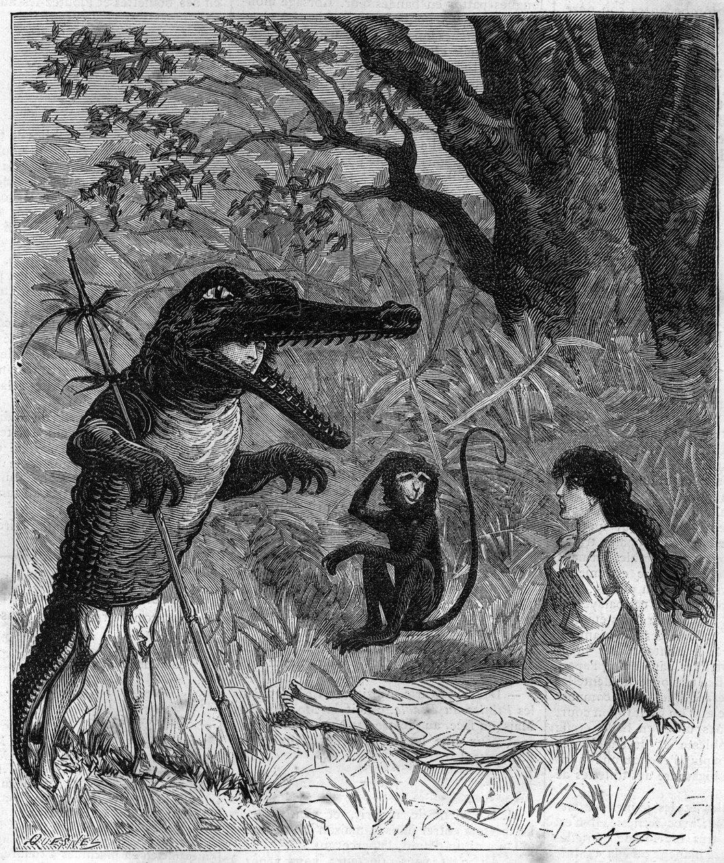 Un uomo in pelle di coccodrillo parla con una giovane donna svenuta sotto lo sguardo di una scimmia. Illustrazione di "Viaggio intorno al mondo del marinaio Biribi" di Theodore Labourieu e Saint Vrin. Incisione del 1880 in "La republique illustree" da French School