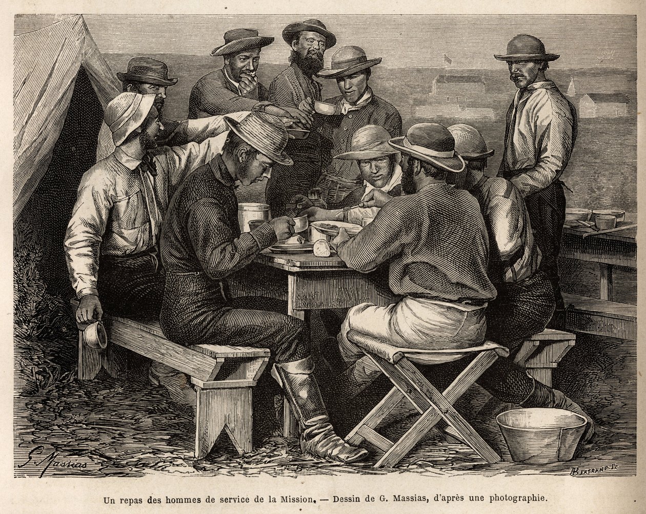Un pasto degli uomini di servizio della missione del 1872, al campo base, prima della prima ricognizione sul campo, inciso dopo il disegno di G. Massias, illustrando una serie di missioni geografiche attraverso il Parco Nazionale degli Stati Uniti, dal 187 da French School