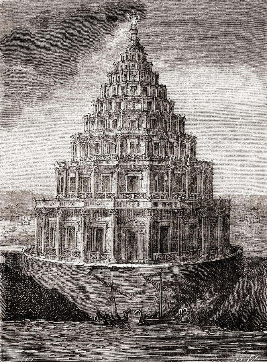 Una rappresentazione immaginaria del XIX secolo del Faro di Alessandria, noto anche come Faro di Alessandria, un faro costruito dal Regno tolemaico tra il 280 e il 247 a.C., da 