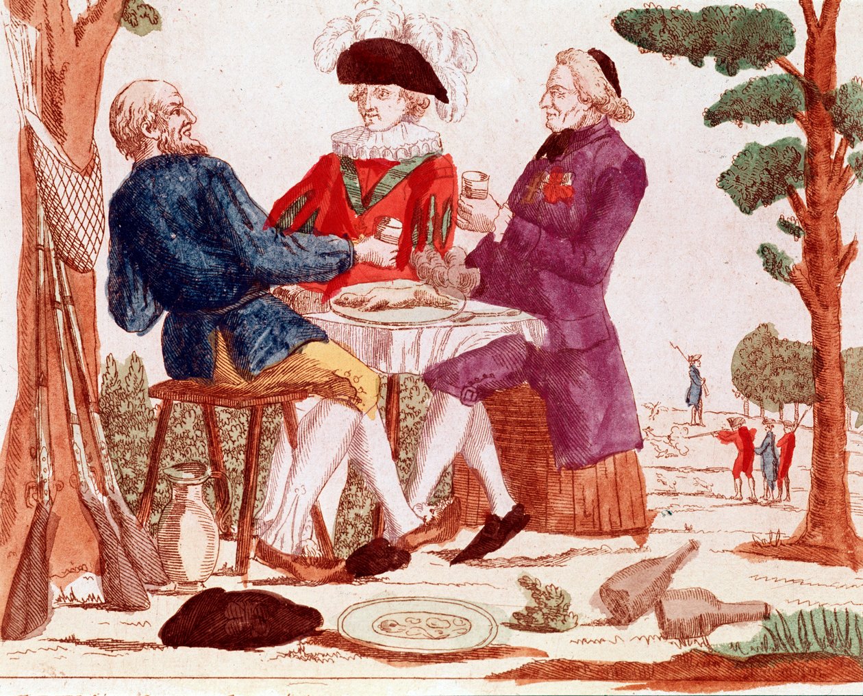 Un contadino (terzo stato), clero e aristocratico mangiano insieme un coniglio a un tavolo, sullo sfondo a destra una scena di caccia, a sinistra, tre fucili, agosto 1789 (incisione, fine XVIII secolo) da French School