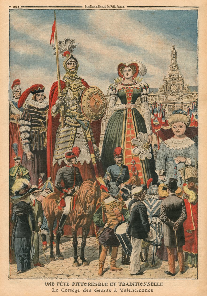 Una festa pittoresca e tradizionale, la processione dei Giganti a Valenciennes, illustrazione da 