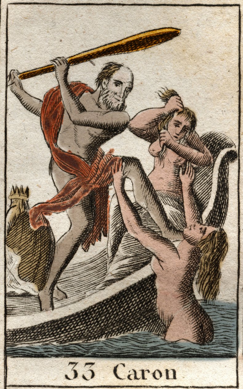 Rappresentazione di Caronte, traghettatore degli Inferi, permette ai defunti di attraversare il fiume Acheronte. Da "Mitologia della gioventù" di Pierre Blanchard 1803. da French School