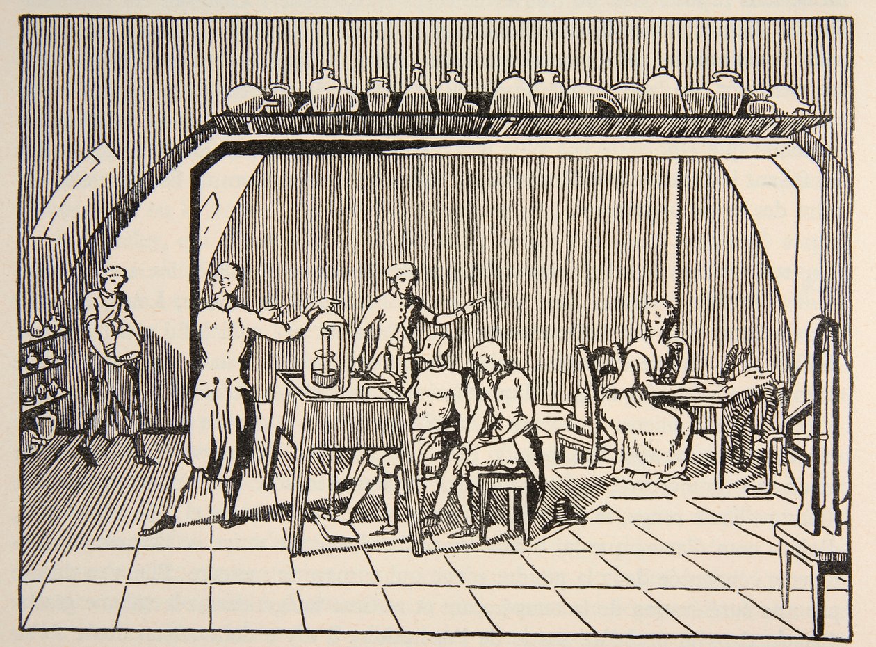 Un esperimento di respirazione nel laboratorio di Lavoisier, copia di Boris Mestchersky, illustrazione da Histoire de la Nation Francaise, Sciences, Volumi I & II, di Gabriel Hanotaux da French School