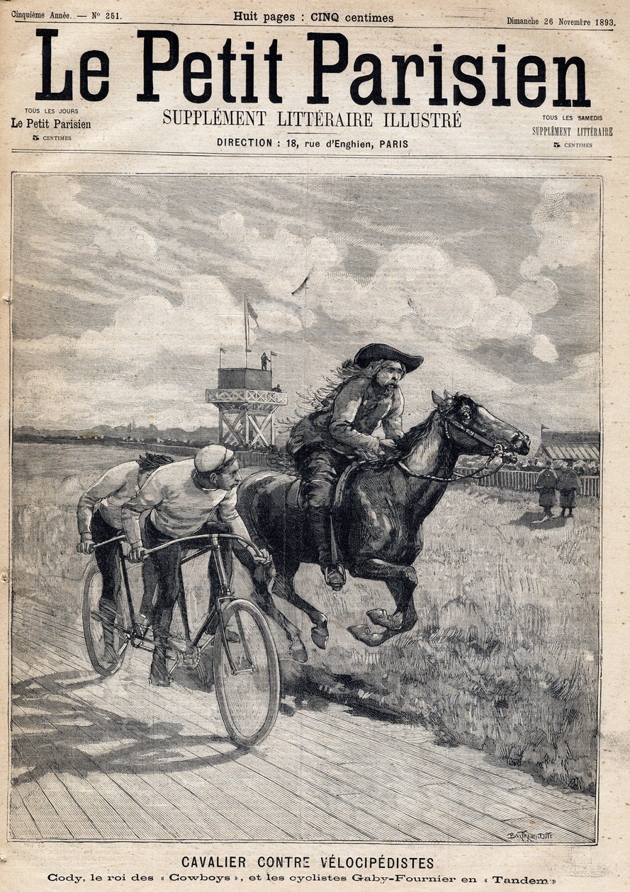 Un cavaliere gareggia contro velocipedisti: William Frederic Cody (1846-1917), noto come Buffalo Bill, conosciuto come Re dei Cowboy e i ciclisti Gaby e Fournier in tandem. Da 
