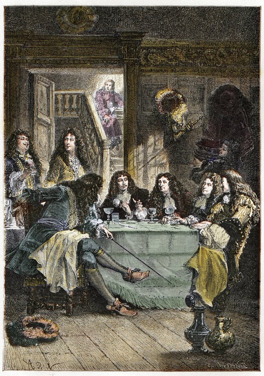 Un salone (Cabaret) che riunisce gli scrittori francesi Jean de La Fontaine (1621-1695), Nicolas Boileau-Despréaux (1636-1711), il drammaturgo Jean Baptiste Poquelin detto Molière (1622-1673) e il poeta Jean Racine (1639-1699) da French School