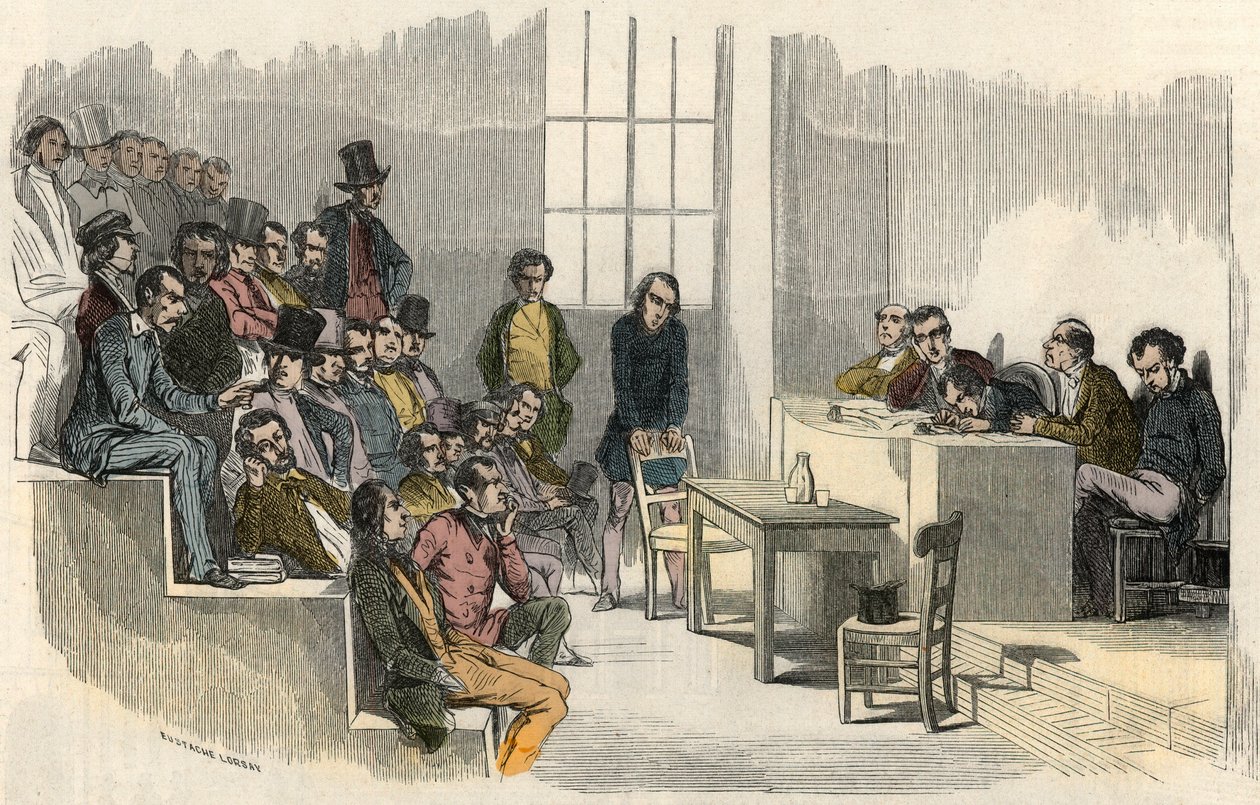 Una seduta del concorso di aggregazione alla Sorbona di Parigi nel XIX secolo - Incisione in "Tableau-de-Paris" di Edmond Texier 1852 da French School