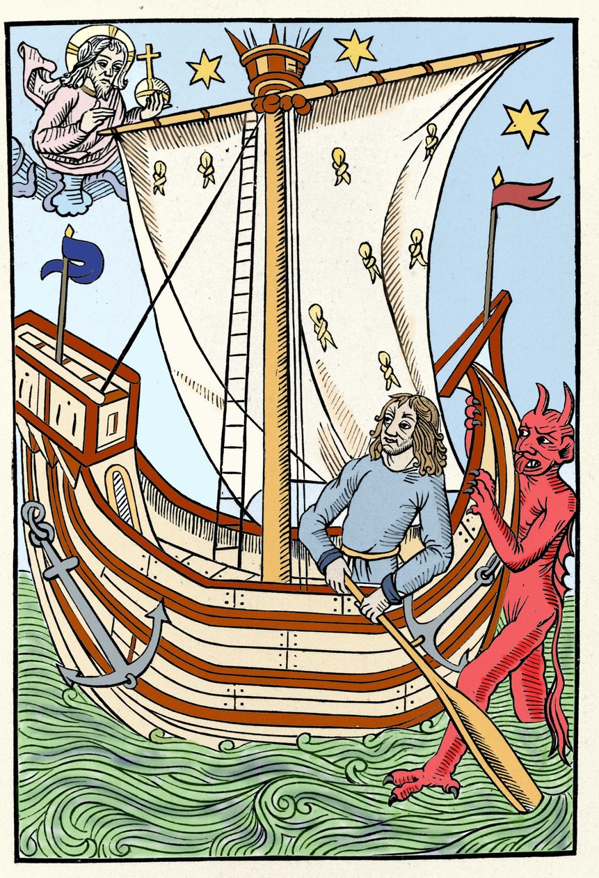Una nave tra i pericoli del mare. Un demone afferrò la prua mentre Dio si manifestava a sinistra. Incisione da "Il Grande Calendario e Compost dei Pastori", Troyes 1491 da French School