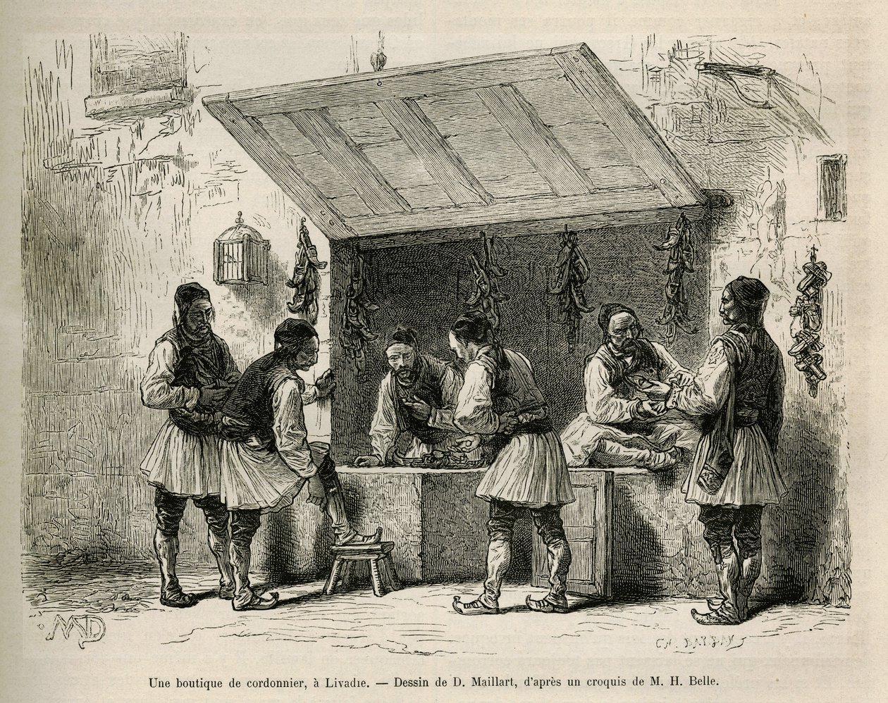 Negozio di calzolaio e la sua clientela a Livadie, disegno di D. Maillard, per illustrare la storia di Henri Belle: Voyage en Greece da French School