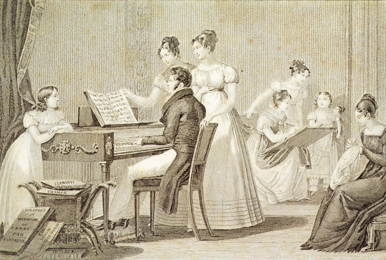 Una lezione di canto per giovani donne (incisione) da French School