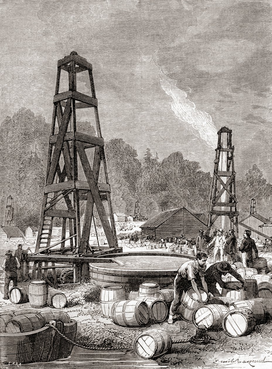 Una fonte di petrolio a Oil Creek sul fiume Allegheny, Pennsylvania, USA nel 1858, scoperta da Edwin Laurentine Drake, alias Colonnello Drake, da 