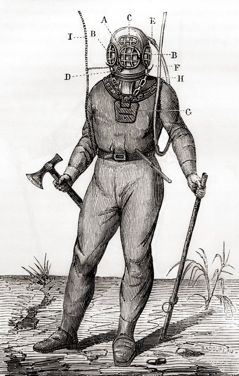 Una tuta da immersione standard brevettata da Joseph-Martin Cabirol nel 1855, da 