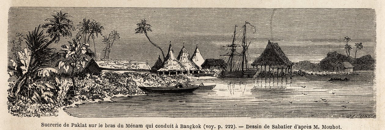 Una fabbrica di zucchero di Paklat, disegno di Sabatier, per illustrare il viaggio di Henri Mouhot nei regni di Siam, Cambogia e Laos dal 1858 al 1861. Incisione in "Le tour du monde" da French School