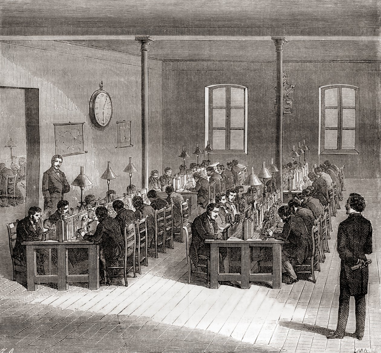 Una stazione telegrafica a Parigi, Francia c.1870, da Les Merveilles de la Science, pubblicato c.1870 da French School