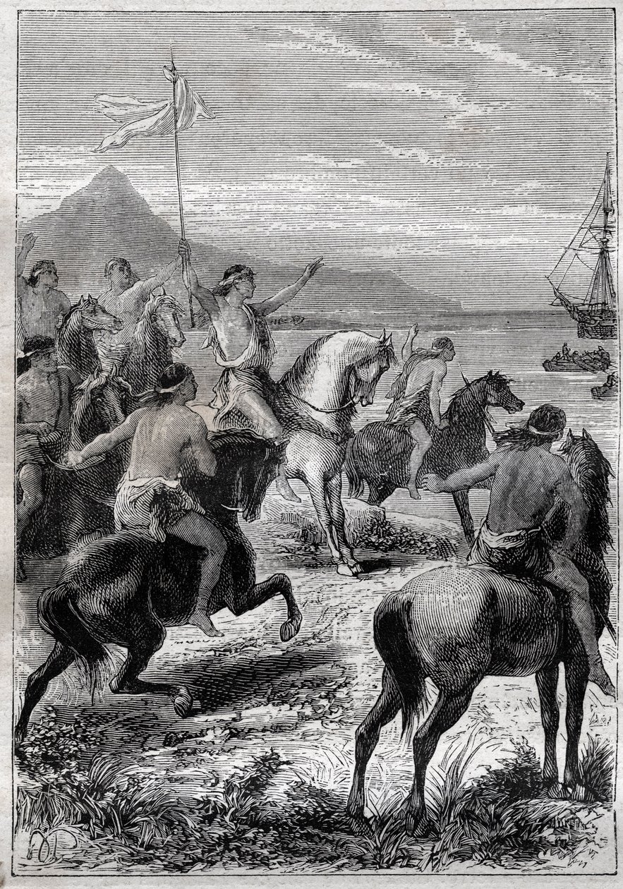 Una truppa di uomini a cavallo con una bandiera bianca: il vice ammiraglio John Byron (1723-1786) ricevuto dai nativi di Capo delle Vergini, alla bocca orientale dello stretto di Magellano nel 1764 - illustrazione da 