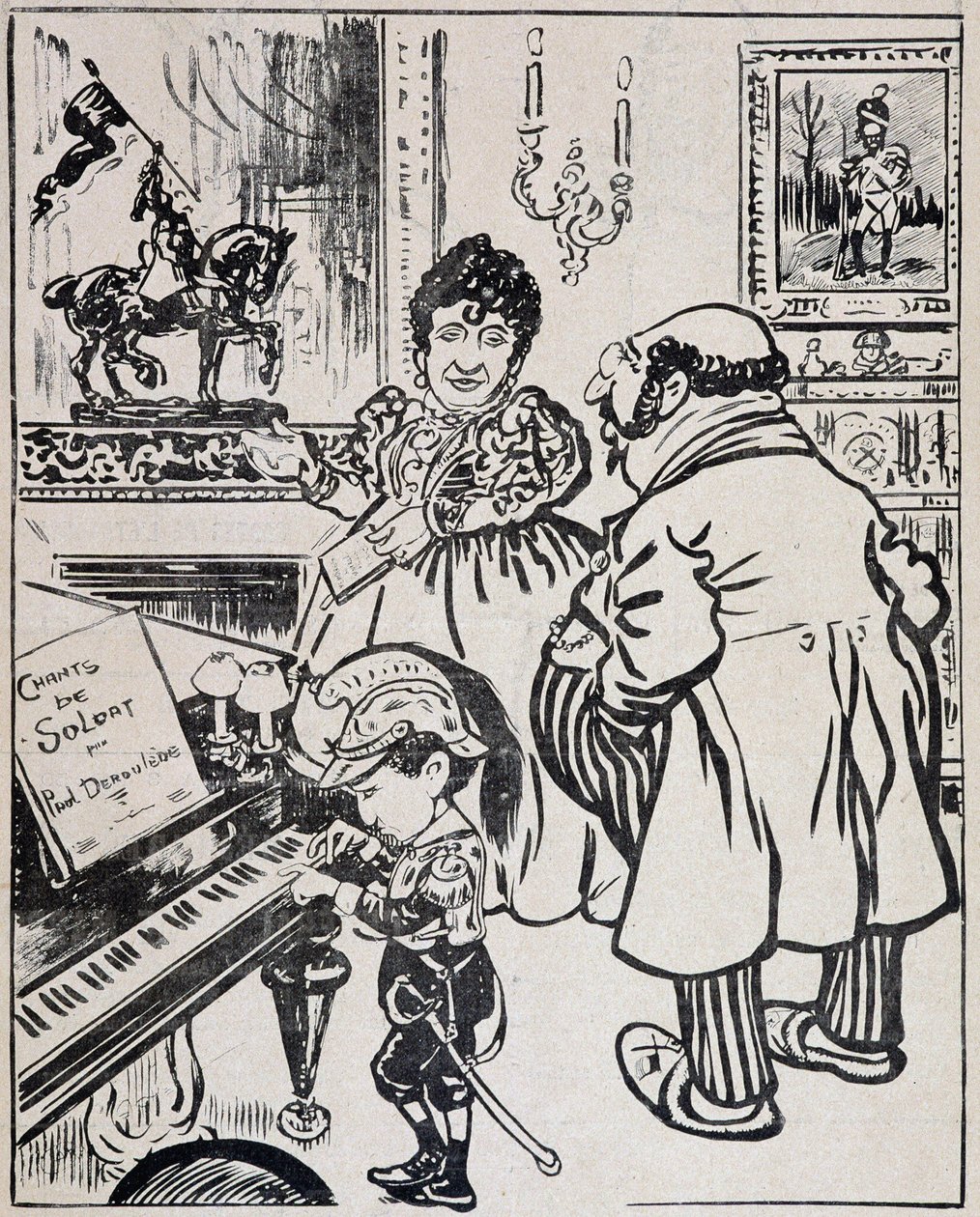 Un bronzo usato, caricatura con navi da guerra, spartito per Deroulede al pianoforte e statuetta di Giovanna d