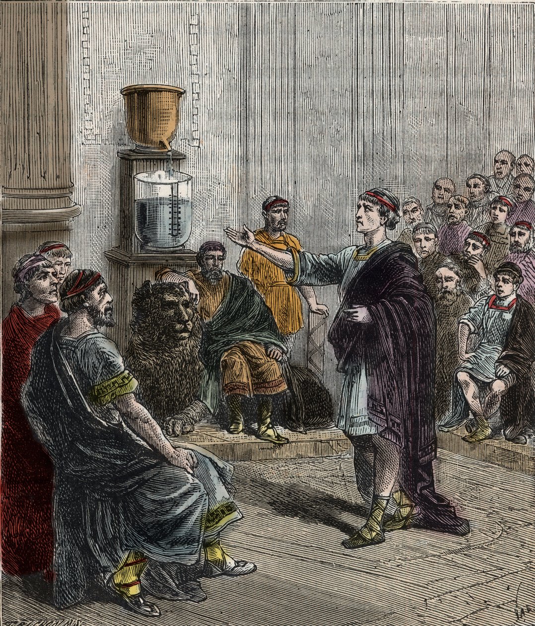 Una clessidra o clepsidra ad Atene - Antica Grecia - la clepsidra ad Atene - Incisione in "Le scienze alla portata di tutti - Fisica e chimica" di Alexis Clerc - Fine XIX secolo - Collezione privata da French School