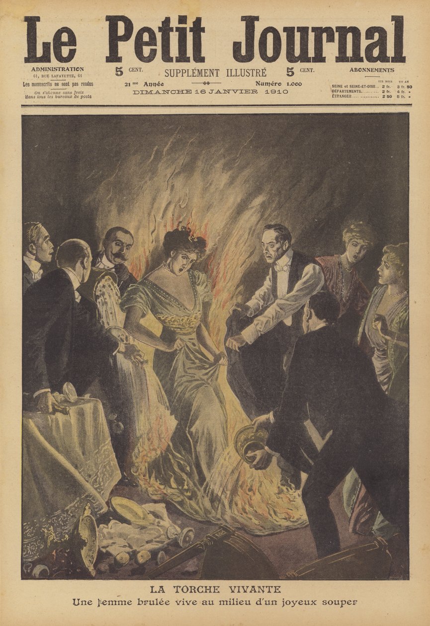 Una donna che prende fuoco accidentalmente durante il cenone di Capodanno in un ristorante di New York (litografia a colori) da French School