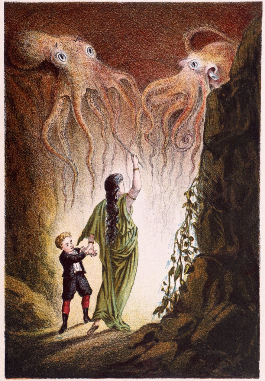 Una donna e un ragazzo attaccati da due polpi giganti - in "Viaggio al centro del mare" di H. de la Blanchère. Parigi, ed. Jouvet et Cie, sd. 1880 da French School