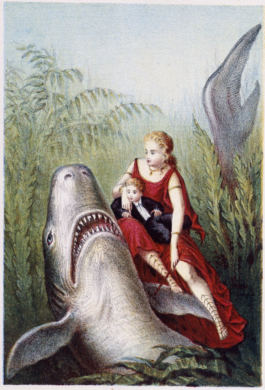 Una donna e un ragazzo che cavalcano uno squalo - in “Viaggio al fondo del mare” di H. de la Blanchère da French School