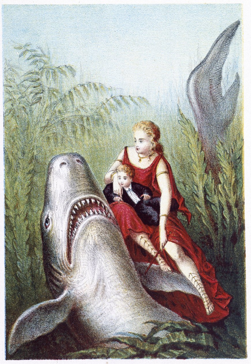 Una donna e un ragazzo che cavalcano uno squalo - in “Viaggio al fondo del mare” di H. de la Blanchère da French School