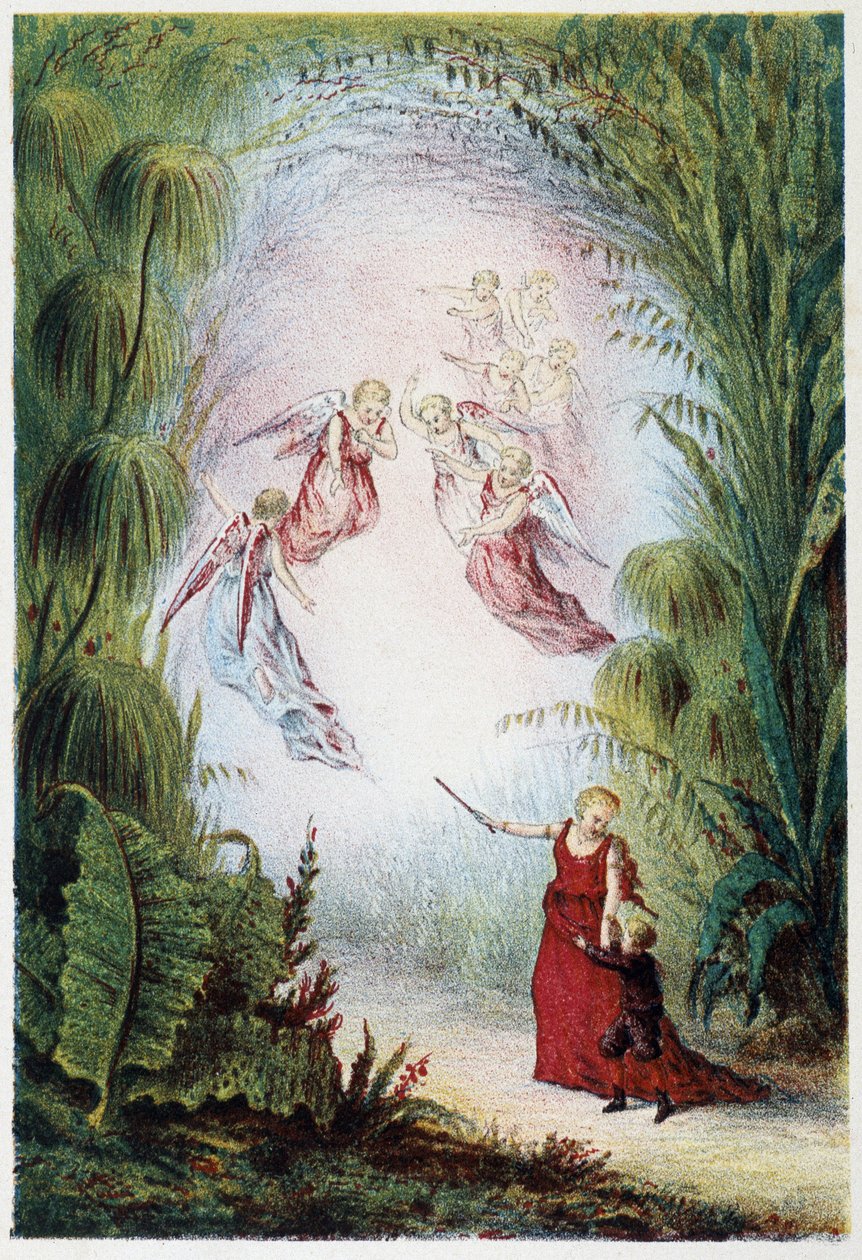 Una donna e angeli che mostrano la strada a un ragazzo - in "Viaggio al fondo del mare" di H. de la Blanchère. Parigi, ed. Jouvet et Cie, sd. 1880 da French School
