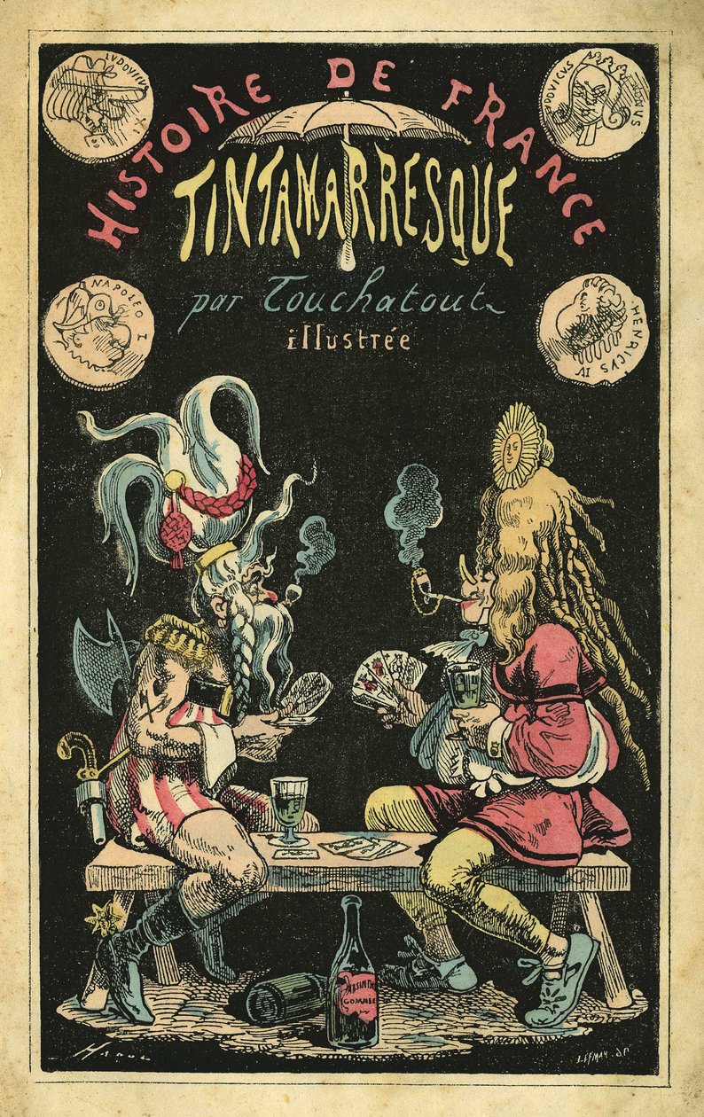 Una donna con una parrucca di piume e un uomo caricatura in Galli durante una partita a carte. Copertina di “Histoire de France Tintamarresque”, caricature di Touchatout, Parigi da French School