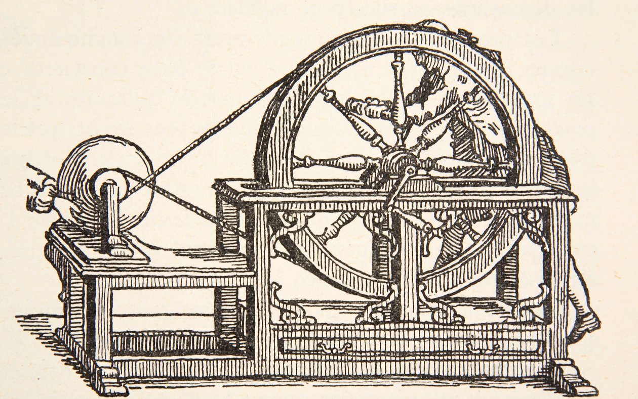 Macchina elettrica di Abbe Nollet, 1746, copia di Boris Mestchersky, illustrazione da Histoire de la Nation Francaise, Sciences, Volumi I & II, di Gabriel Hanotaux, 1924 da French School