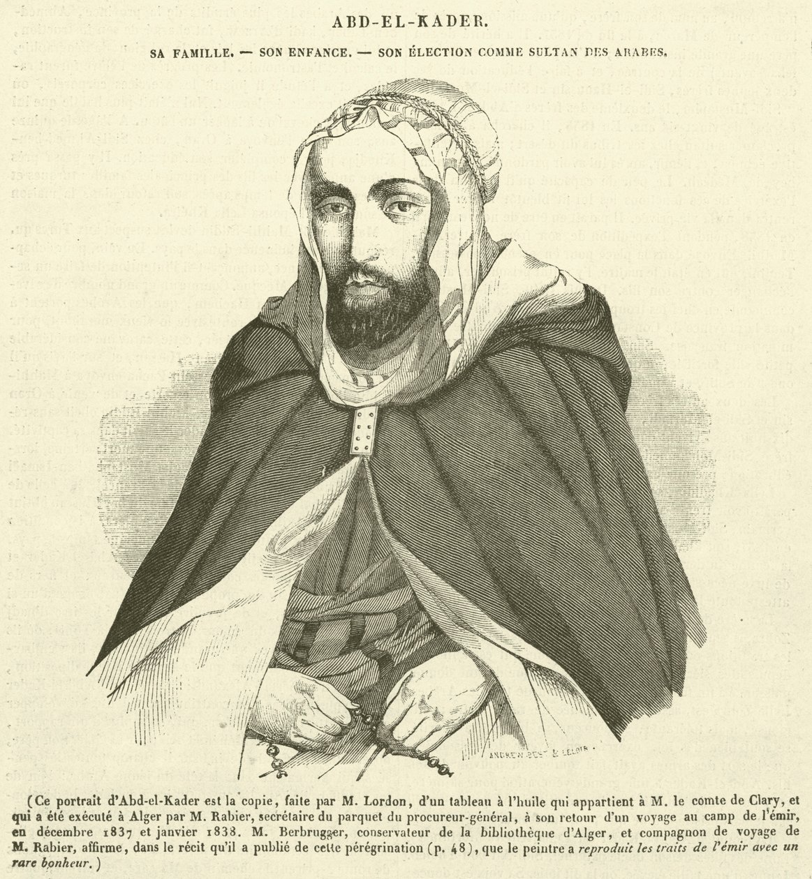 Abd-el-Kader, la sua famiglia, la sua infanzia, la sua elezione a Sultano degli Arabi (incisione) da French School