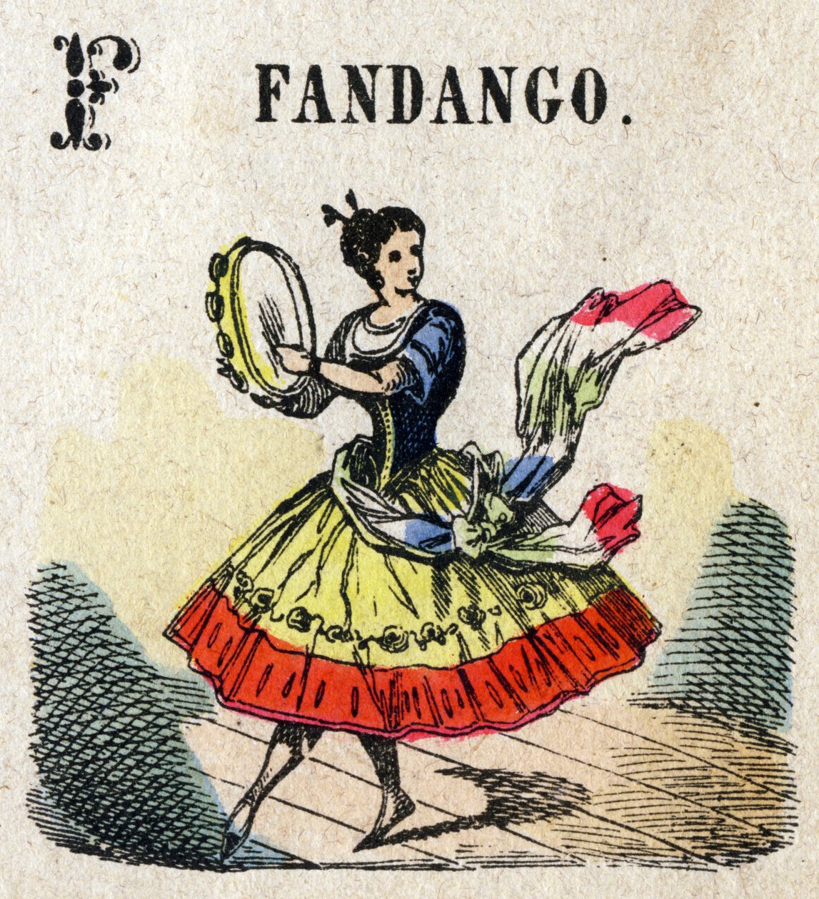 Abecedario. Lettera F come Fandango. Piccolo alfabeto enciclopedico, serie popolare. Immagini di Epinal, fine XIX secolo da French School