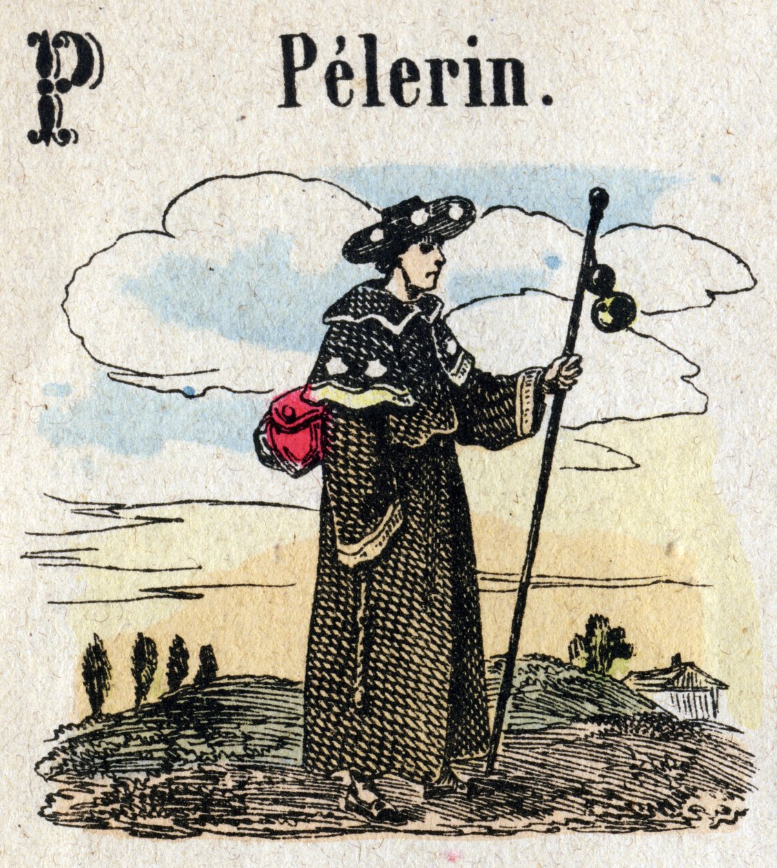 Abecedario. Lettera P come Pellegrino. Piccolo alfabeto enciclopedico, serie popolare. Immagini di Epinal, fine XIX secolo da French School