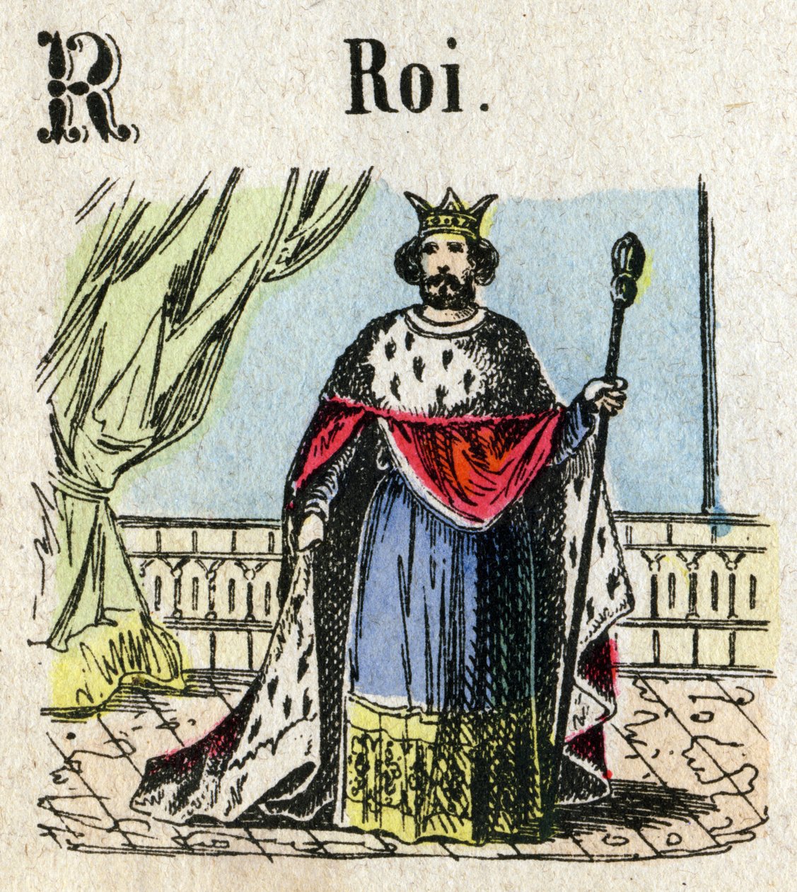 Abecedario. Lettera R come Re. Piccolo alfabeto enciclopedico, serie popolare. Immagini di Epinal, fine XIX secolo da French School
