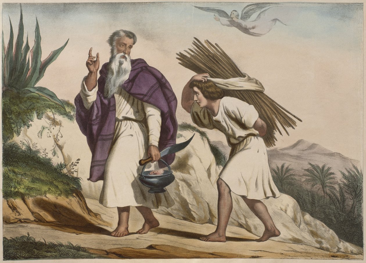 Abramo porta Isacco al Monte Moriah, illustrazione da un catechismo L