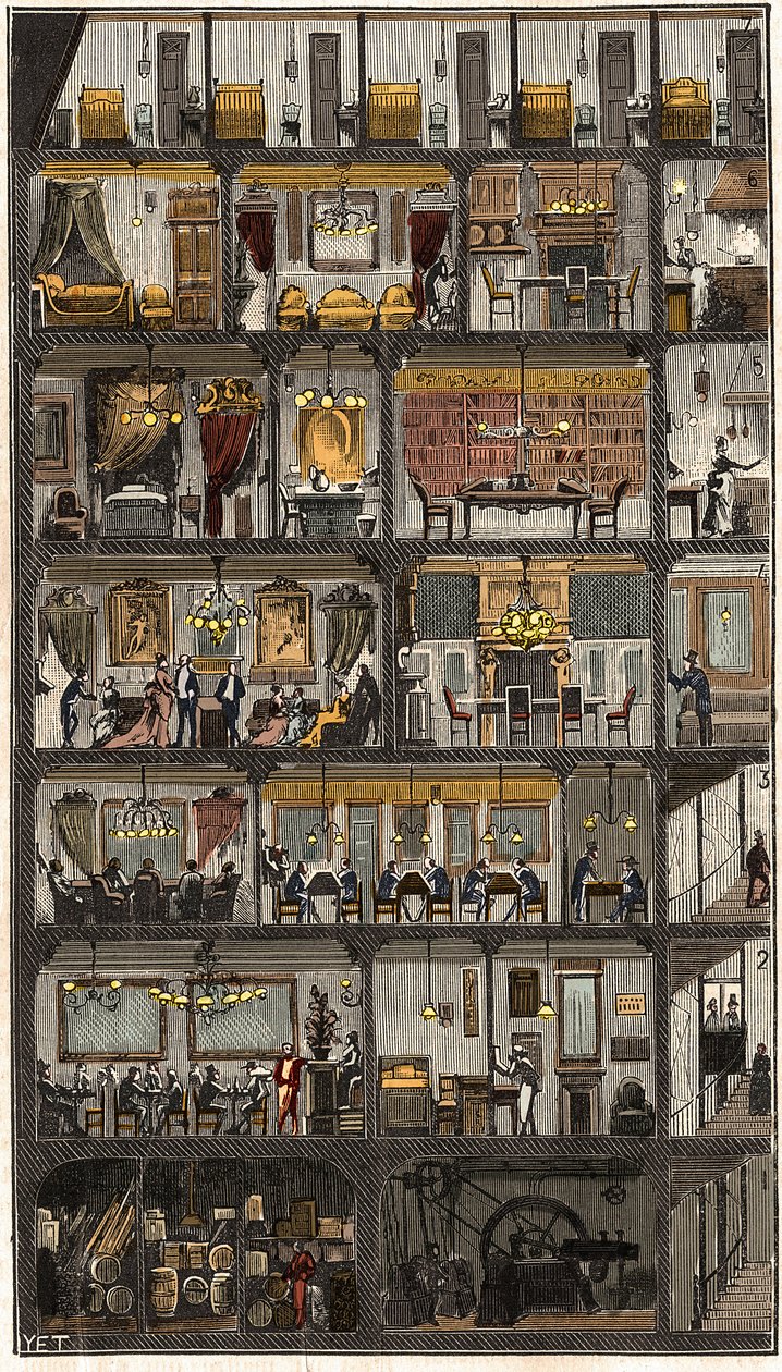 Alloggio a Parigi - Sezione trasversale di una casa parigina nel 1885. in “La Nature. Revue des sciences et de leurs applications aux arts et à l