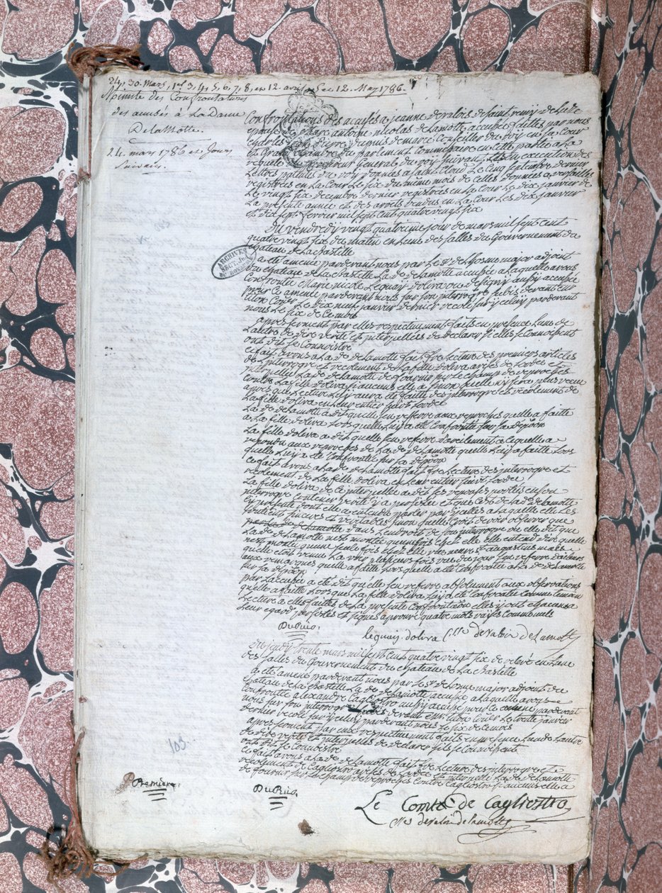 Resoconto del confronto tra la Contessa de la Motte e Cagliostro durante il processo riguardante la collana della Regina, 24 maggio 1786 da French School