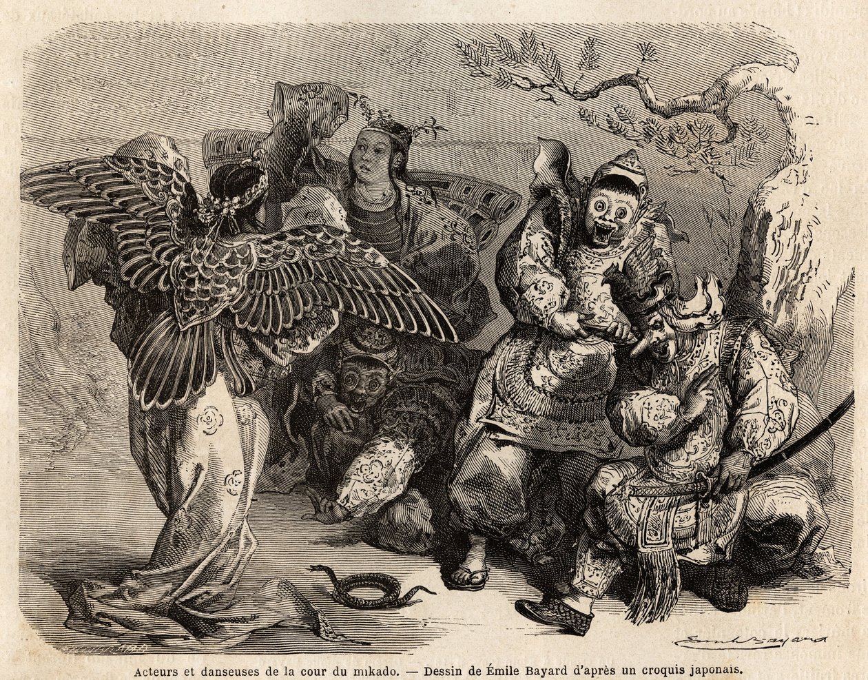 Attori e ballerini della corte del Mikado in costume di scena. Incisione per illustrare il viaggio in Giappone nel 1863-1864, di Aime Humbert, ministro della Confederazione Svizzera, in "Le tour du monde, nouveau journal des voyages", pubblicato sotto la d da French School