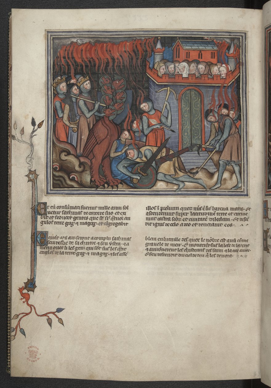Miniatura degli eserciti del Cielo che combattono il drago (Apocalisse XIX:19-20), dall