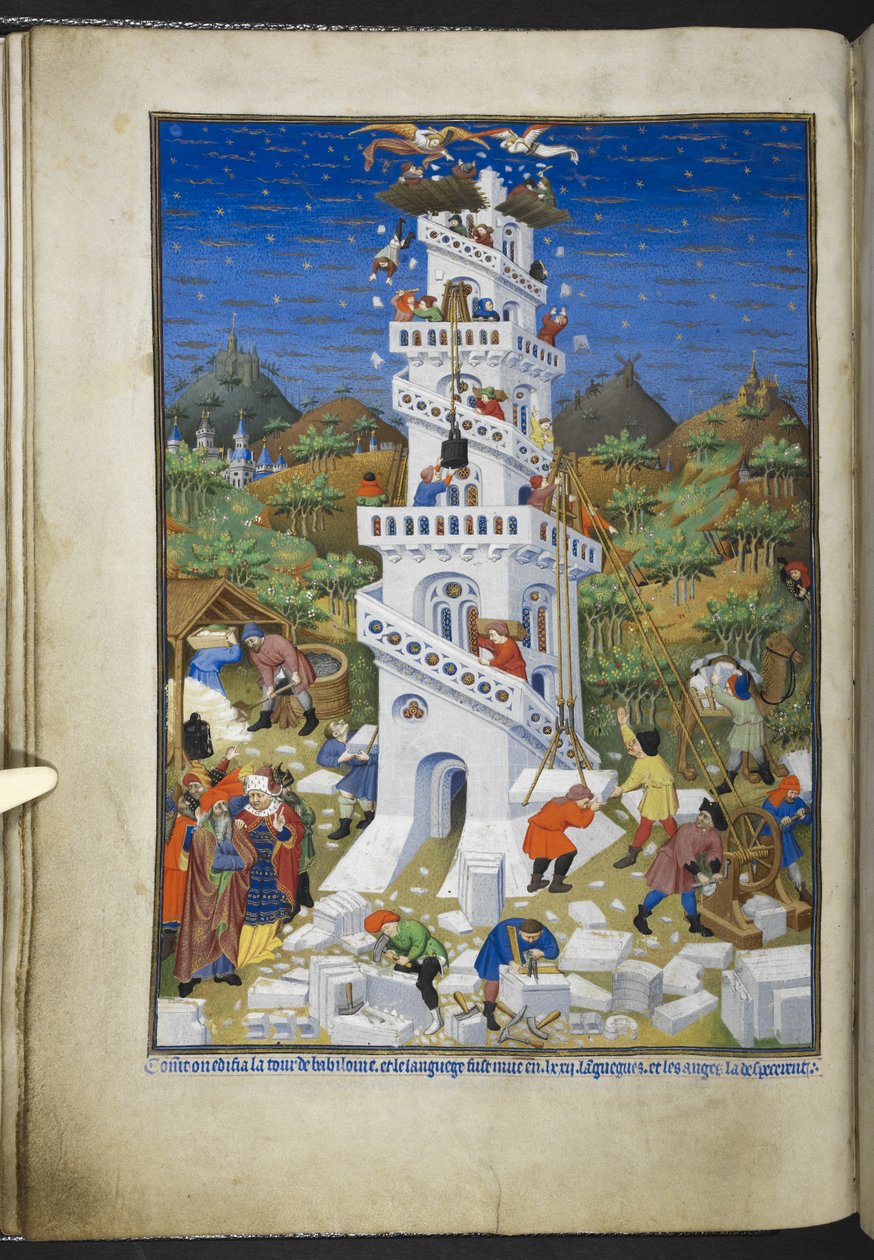 Costruzione della Torre di Babele, dal Libro delle Ore (Le Ore di Bedford) da French School