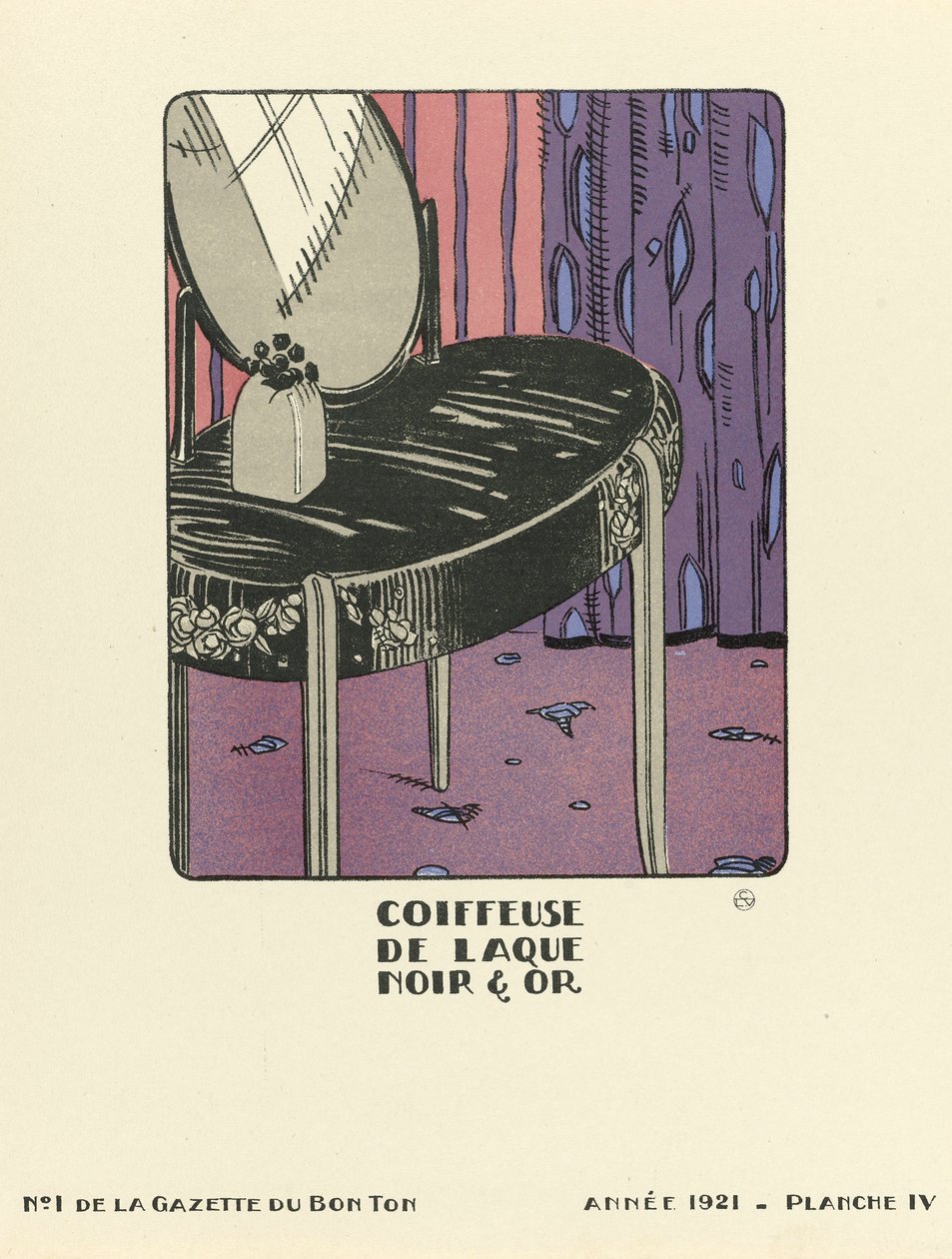 Pubblicità per "Coiffeuse de Laque Noir  Or", pub.1921 (stampa a stencil) da French School
