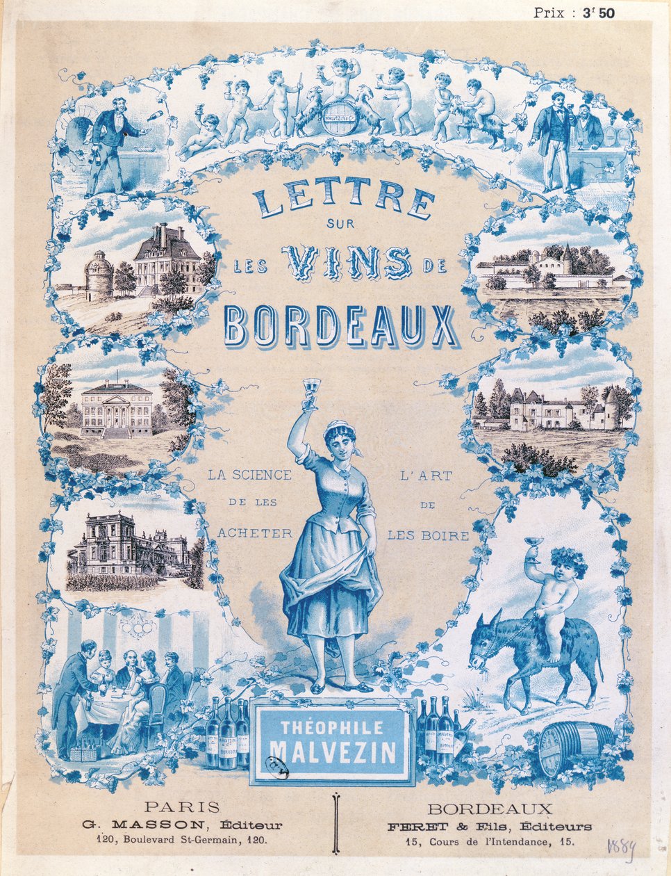 Pubblicità che promuove la pubblicazione di Lettre sur les Vins de Bordeaux di Theophile Malvezin, 1889 da French School